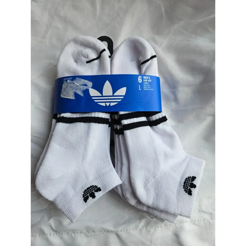 adidas 6 Pair White Black Low Cut Socks L Cushioned Mens Shoe 8-12 Women 10-13